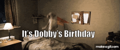 a picture of a person jumping in the air with the words it 's dobby 's birthday