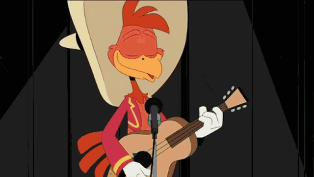 a cartoon rooster is singing into a microphone while playing a guitar