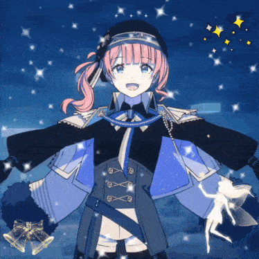 a girl with pink hair is wearing a blue coat and a black hat