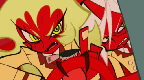 a close up of a cartoon character with a red face and yellow eyes