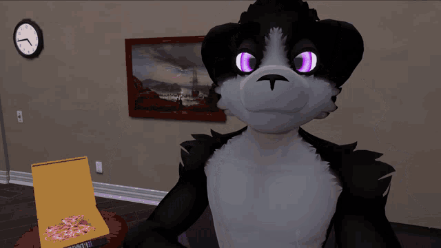 a furry character with purple eyes and a pizza box in front of him