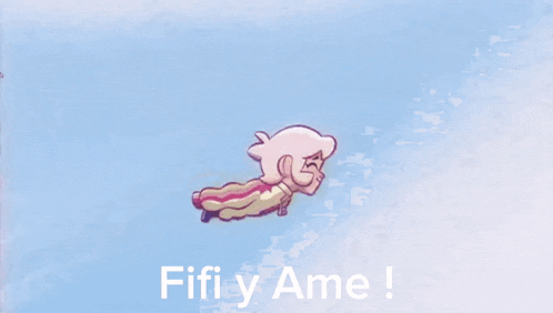 a cartoon character is flying through the air with the words fifi y ame written below him .