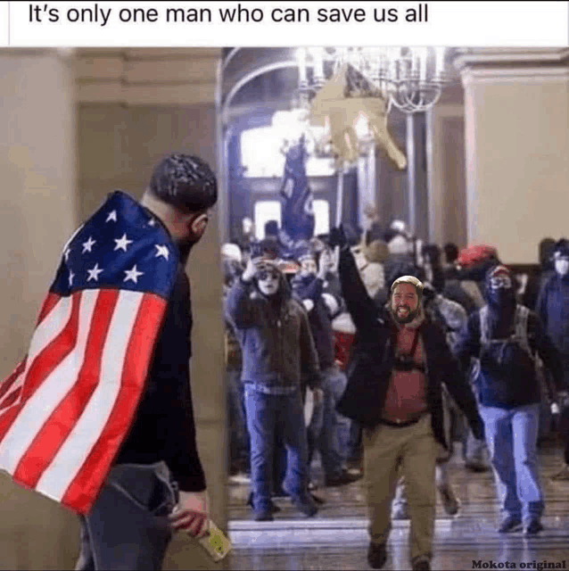 a man holding an american flag is standing in front of a crowd of protesters .