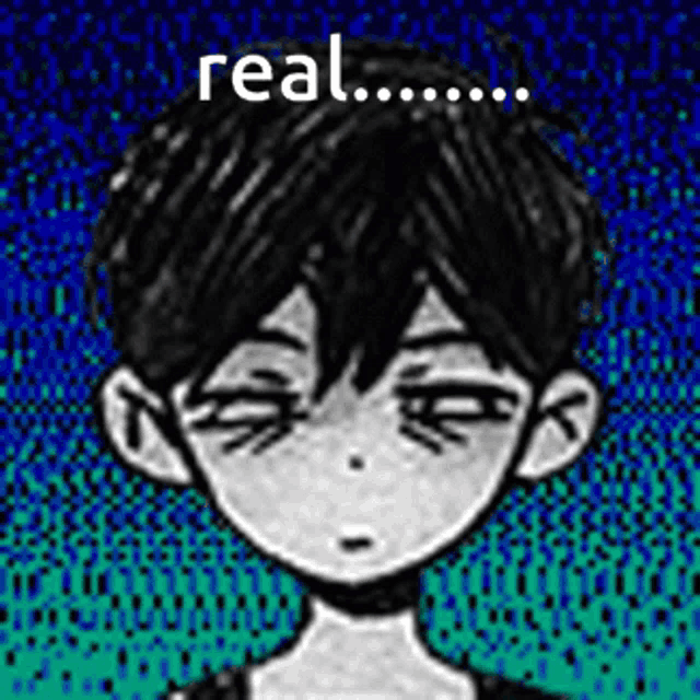 a black and white drawing of a boy with a blue background and the words `` real '' .