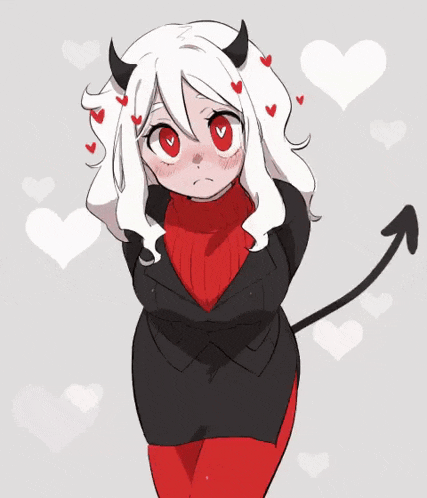 a drawing of a girl with horns and hearts on her hair