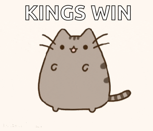 a cartoon cat with the words " kings win " written above it