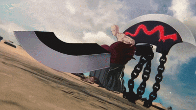 a man is holding a large sword with a red stripe on it