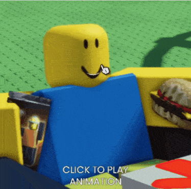 a yellow and blue roblox character with the words click to play animation on the bottom right