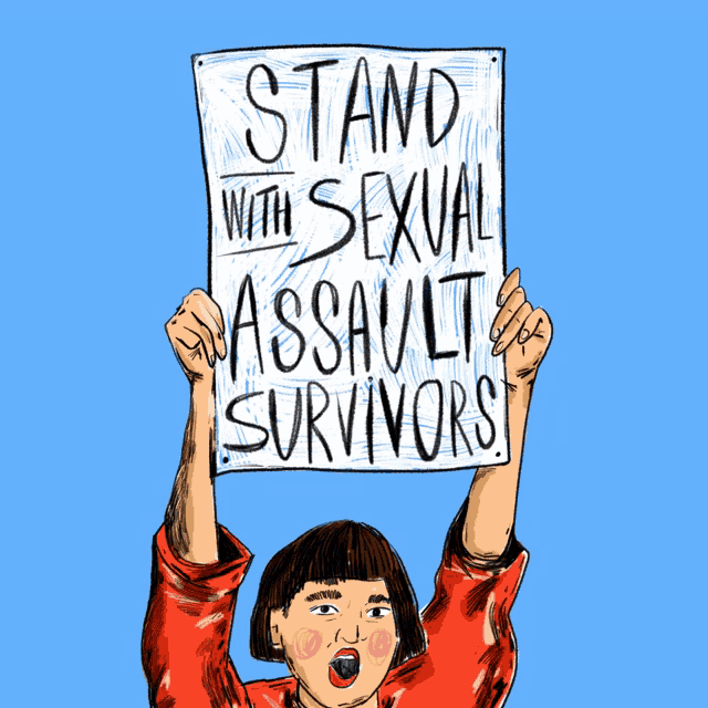 a drawing of a woman holding up a sign that says stand with sexual assault survivors