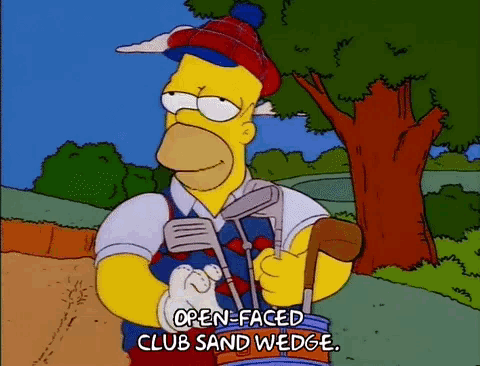 a cartoon of homer simpson holding a golf club and a sand wedge