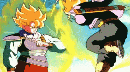 two cartoon characters are fighting each other and one has a sword in his hand