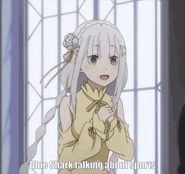 a picture of a girl with the words blue shark talking about sports on the bottom