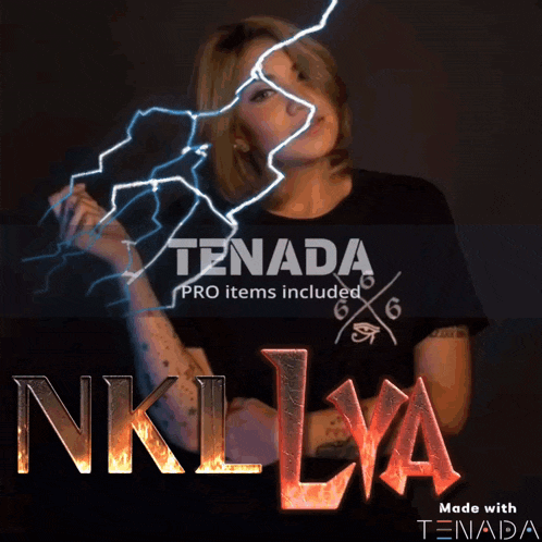 a woman is holding a lightning bolt in front of a sign that says tenada