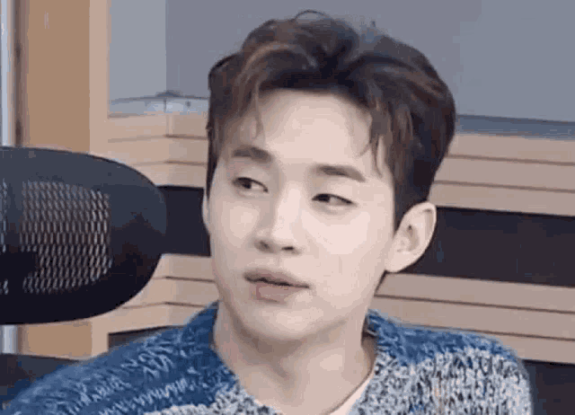 a young man wearing a blue sweater is sitting in front of a microphone .
