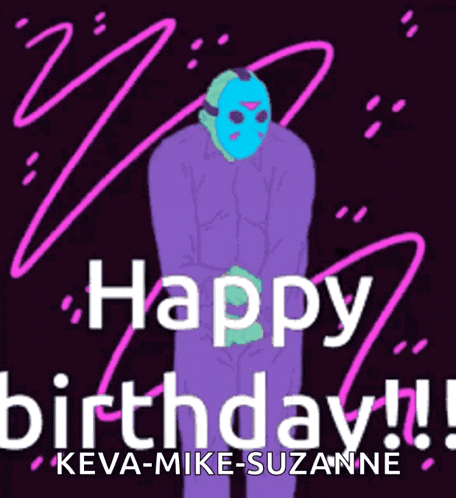 a cartoon of jason voorhees with the words happy birthday written above him