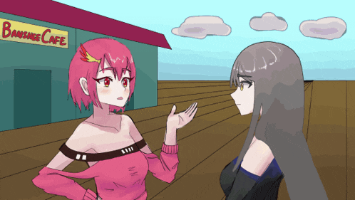 two anime girls are standing in front of a banana cafe