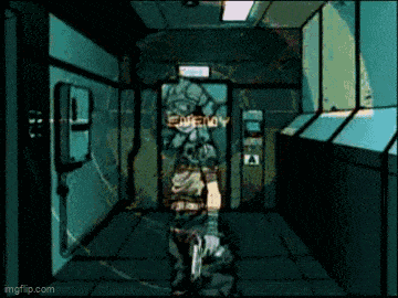 a pixel art of a person in a hallway with the word enemy written on the wall