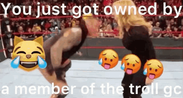 a man and a woman are standing next to each other in a wrestling ring with emojis .