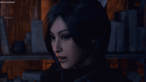 a woman in a video game is standing in front of a shelf with the words altersive soul written on the bottom