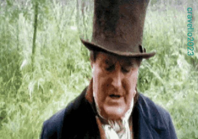 a man wearing a top hat is standing in the woods with a green background