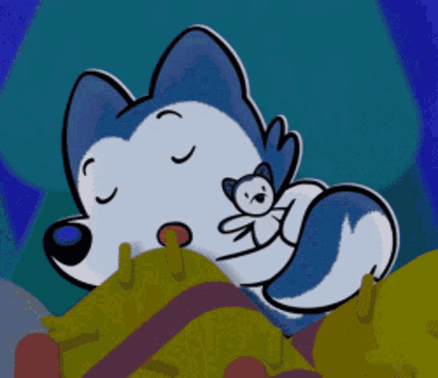 a cartoon drawing of a husky sleeping with a smaller husky on its back