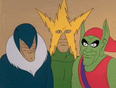 three cartoon characters are posing for a picture with one wearing a yellow star on his head