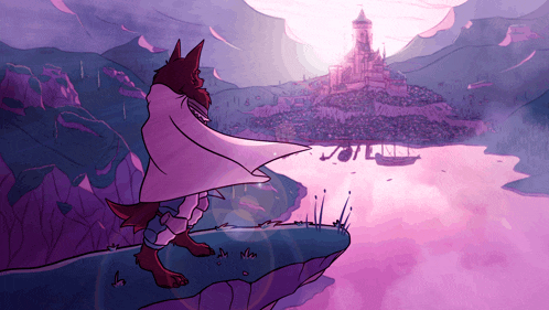 a cartoon of a wolf standing on a cliff overlooking a castle