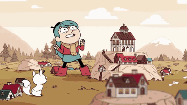 a cartoon drawing of a girl standing in front of a house