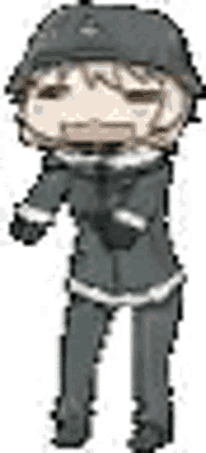 a pixel art drawing of a man in a suit and hat .