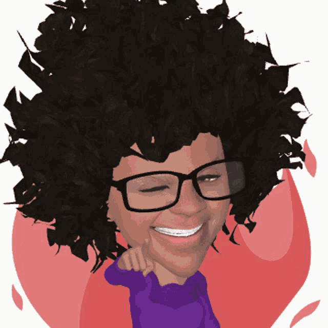 a cartoon drawing of a woman wearing glasses and a purple shirt