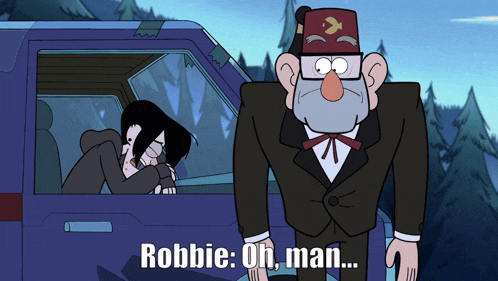 a cartoon of a man standing next to a car with the words robbie oh man