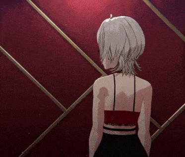 a woman with white hair and a red top is standing in front of a red wall