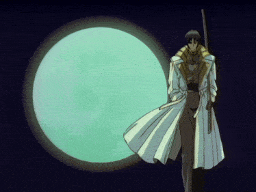 a man holding a sword standing in front of a full moon
