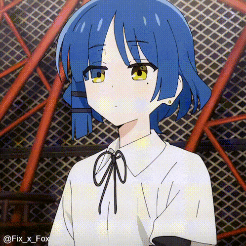 a girl with blue hair and yellow eyes is wearing a white shirt and bow tie