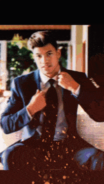 a man in a suit adjusts his tie in front of a window