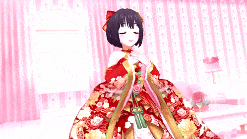 a girl in a kimono is standing in front of a pink and white striped wall