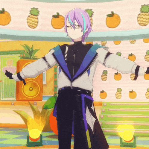 a boy with purple hair is standing in front of a wall with pineapples on it