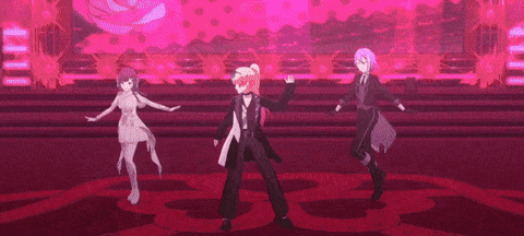 three anime characters are dancing on a stage in a pink room .