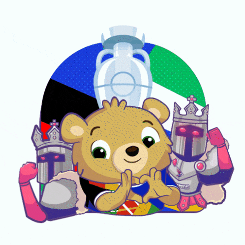 a cartoon drawing of a teddy bear with a trophy on top of his head