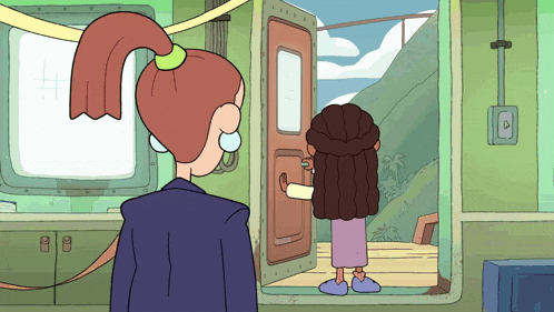 a cartoon of a woman opening a door and another woman standing behind her