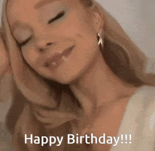 a woman with her eyes closed and the words happy birthday