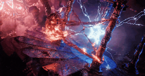 a very dark room with a lot of lightning and fire
