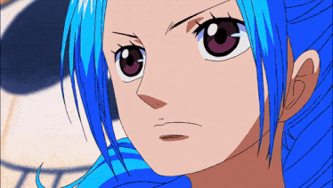a cartoon character with blue hair and big eyes