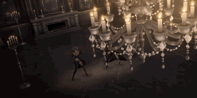 a woman is dancing in front of a chandelier with candles hanging from it