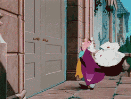 a cartoon character in a purple dress is standing in front of a building