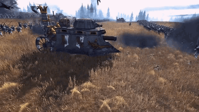 a video game scene with a tank in the middle of a grassy field