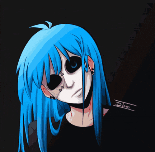 a drawing of a girl with blue hair and a white mask with the name dlom on the bottom right
