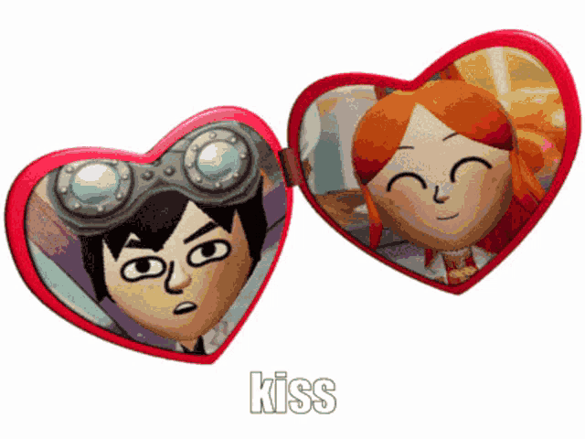 a picture of a boy and a girl in a heart shaped mirror with the word kiss below them