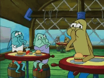 a cartoon of spongebob sitting at a table with a hamburger on it