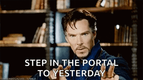 doctor strange is standing in front of a bookshelf and pointing at the camera with the words `` step in the portal to yesterday '' .